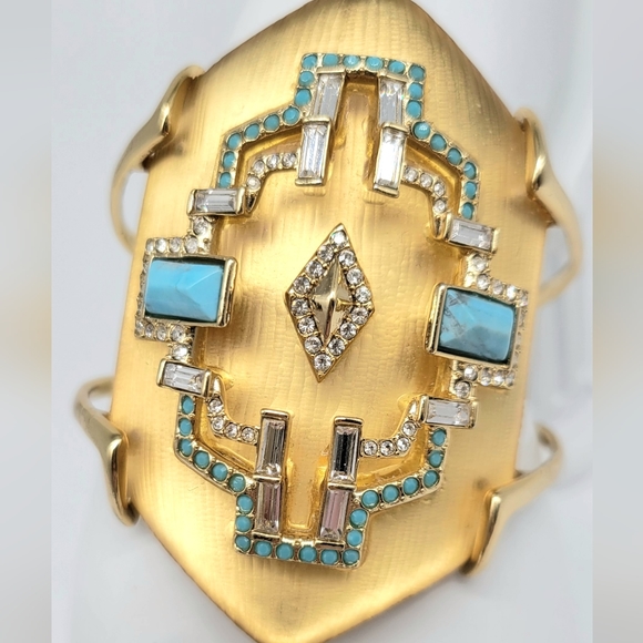 Alexis Bittar Phoenix Deco Gold Lucite Swarovski Crystal + Turquoise Cuff - Picture 8 of 14